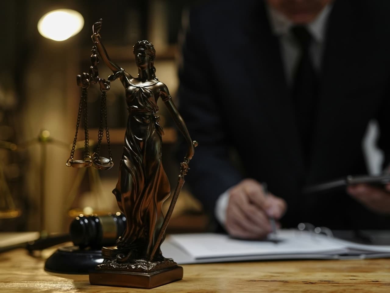 attorney's desk with a notepad and lady justice statue