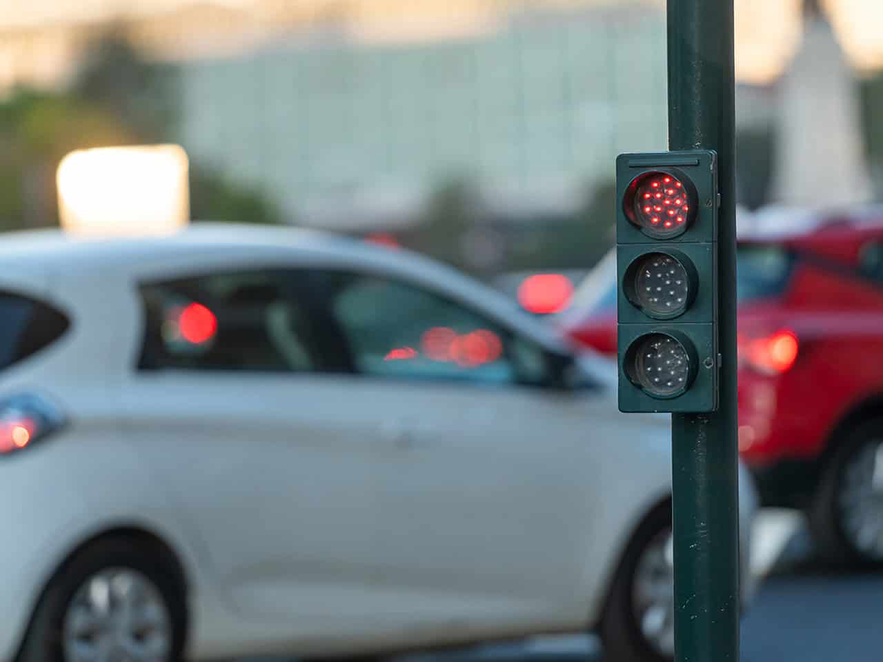 Red light at busy intersection