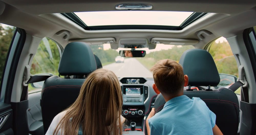 two children sitting in the backseat of the car